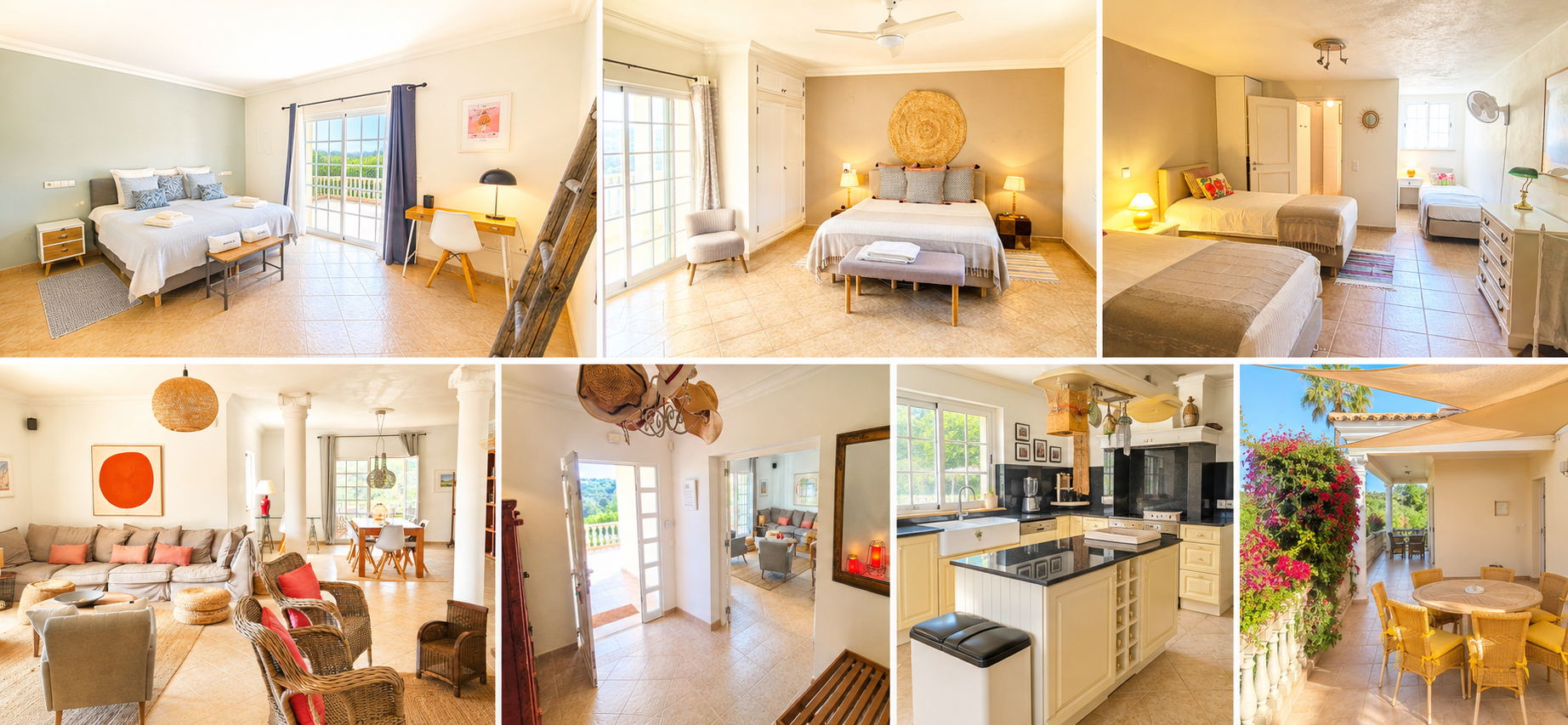 Open-plan living and dining area at Casa Amani with natural light and Mediterranean décor
